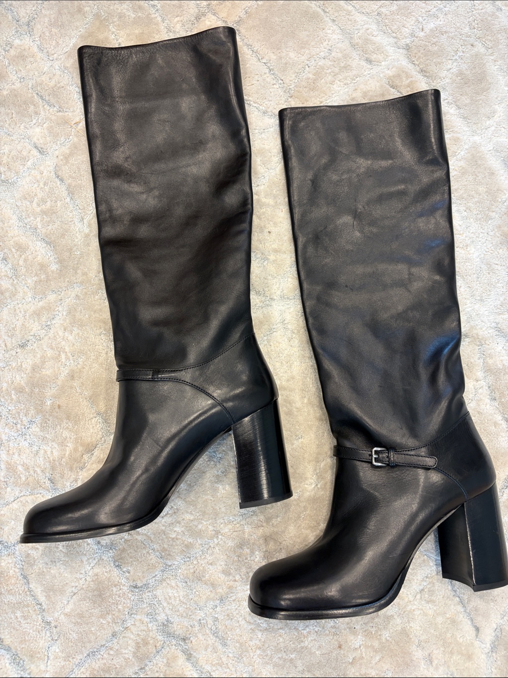 New Miu Miu Black Leather Knee-High Block Heel Boots -Riding Style